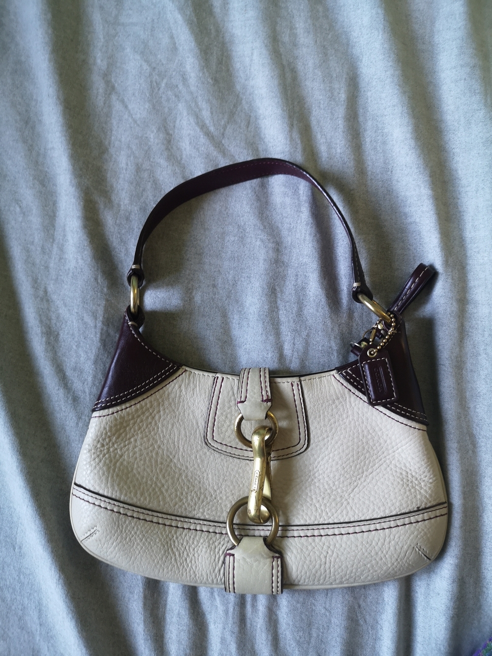 *Rare Coach Cream and Dark Brown Leather Shoulder Bag with Gold Hardware